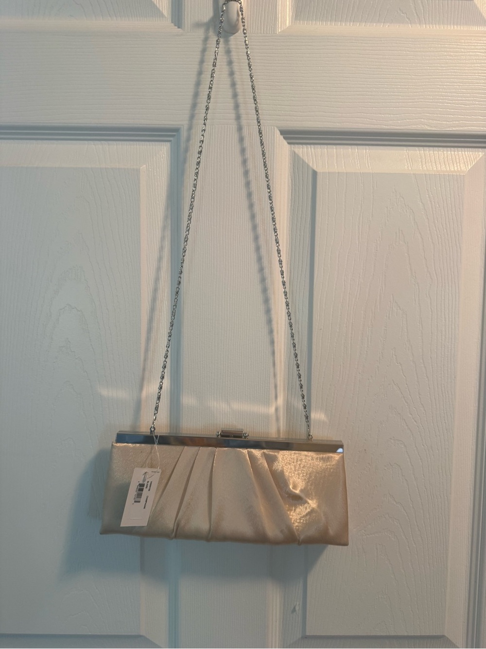 Jessica McClintock Champagne Satin Pleated Evening Clutch with Chain